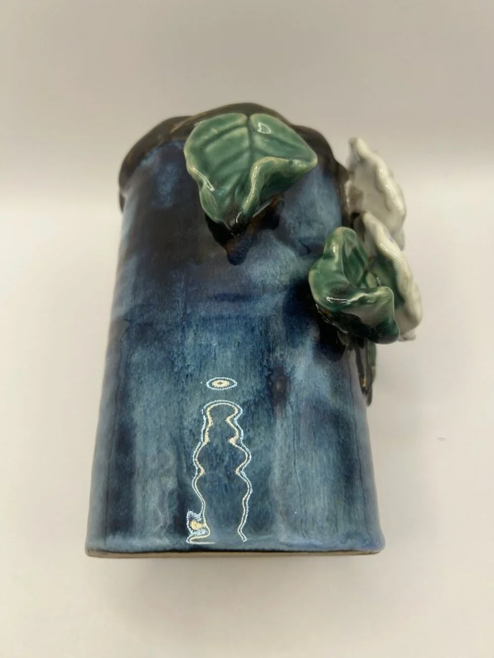 Handmade Studio Pottery Vase Blue Drip Glaze Floral Applied Art Vase Majolica￼